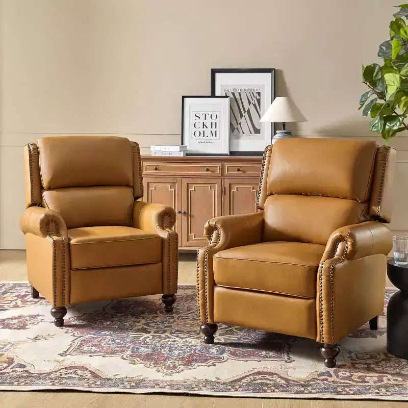Set aus 2 modernen Elisabete-Sesseln mit hoher Rückenlehne aus echtem Leder und Vintage-Nagelkopfbesatz für Wohnzimmer und Schlafzimmer| ART OF LIVING DESIGNS