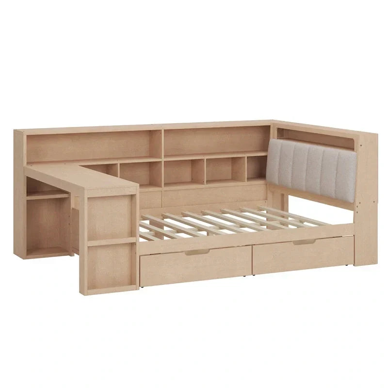 L-förmiges Holz-Sofa-Tagesbett mit Schreibtisch, Bücherregal-Schrank, Eckbett mit Schubladen unter dem Bett, gepolstertem Kopfteil und integrierter Beleuchtung