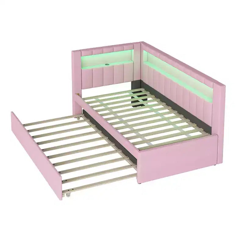 Daybed in Twin-/Full-Größe mit Ausziehbett und L-förmigem Bücherregal-Kopfteil, weiches Eckbett mit Leinenpolsterung, Ablagefächern und LED-Band