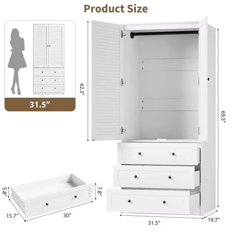 Armoire-penderie COZONY avec 3 tiroirs et 2 portes, meuble de rangement moderne en bois pour chambre, grande armoire blanche sur pied