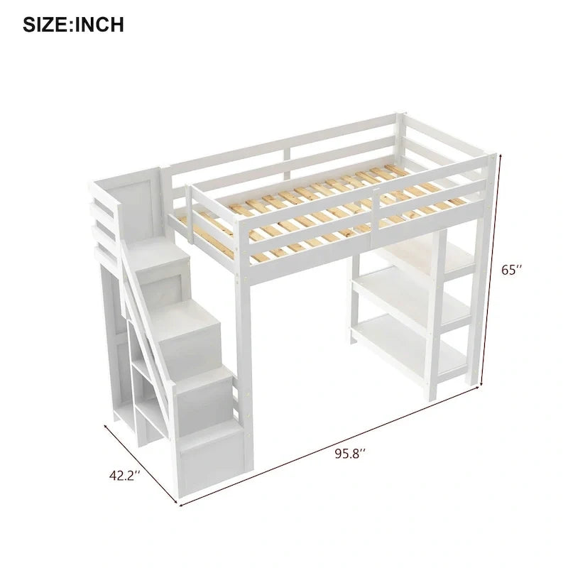 Hoch-/Etagenbett in Full-/Twin-Größe mit Stauraumtreppe – Regale, Kleiderschrank und LED-Beleuchtung, platzsparendes Design