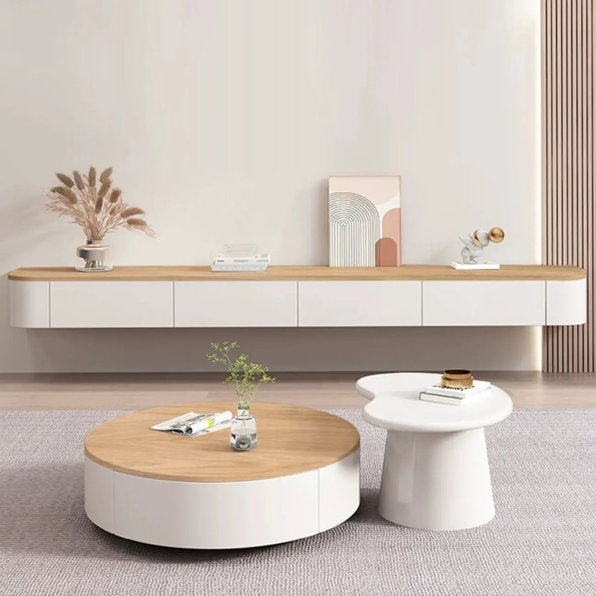 Meuble TV suspendu contemporain, long et blanc, en bois, avec tiroirs