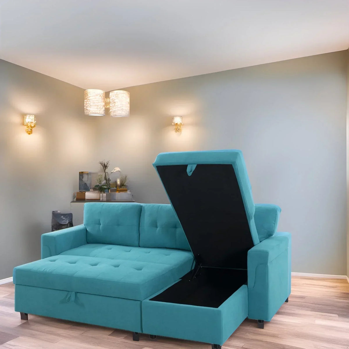 Divano componibile reversibile trasformabile con letto estraibile, chaise longue con contenitore nascosto e gambe resistenti