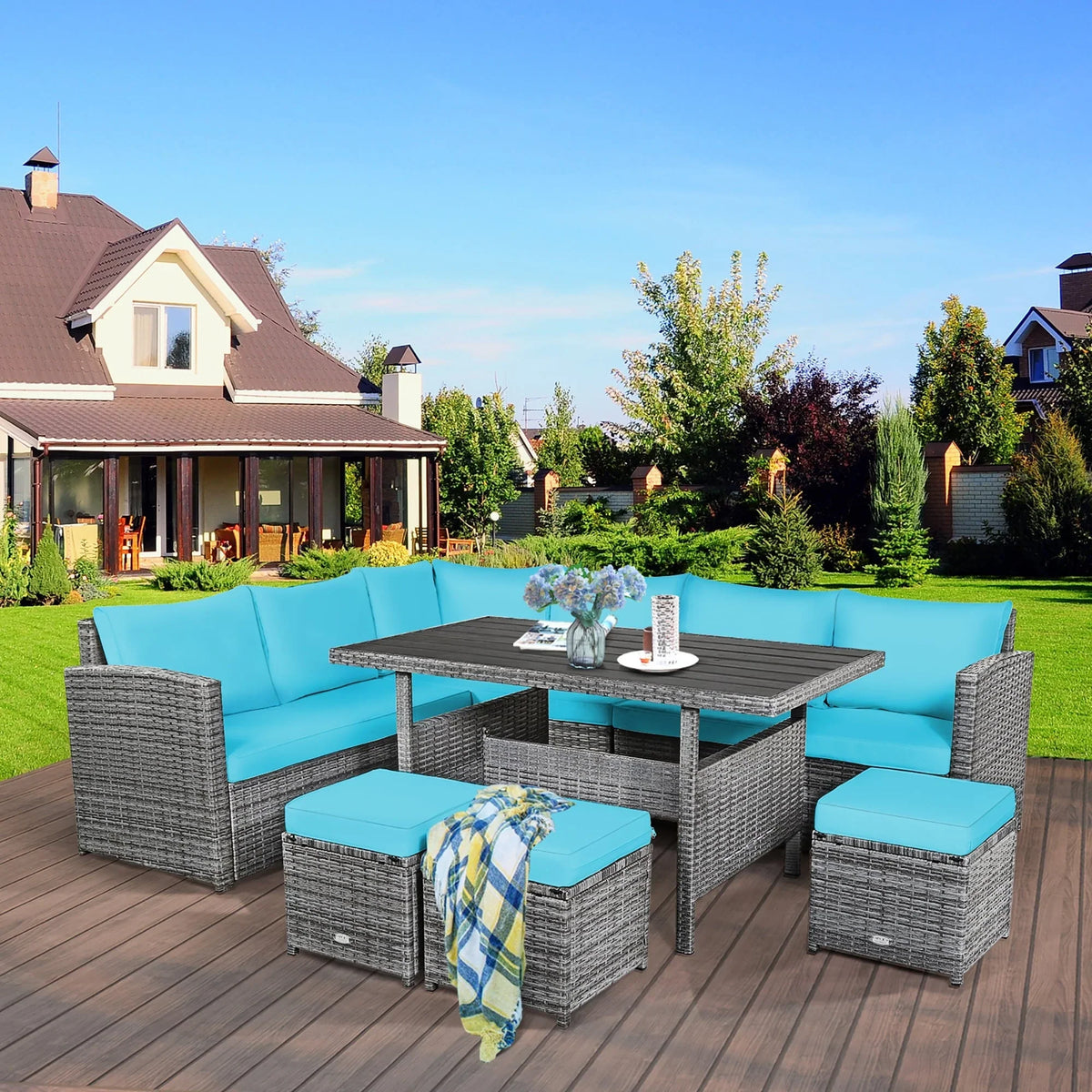 Costway 7-delige eethoek voor de patio van rotan, modulaire bank, fauteuil en voetenbank - Bekijk de details