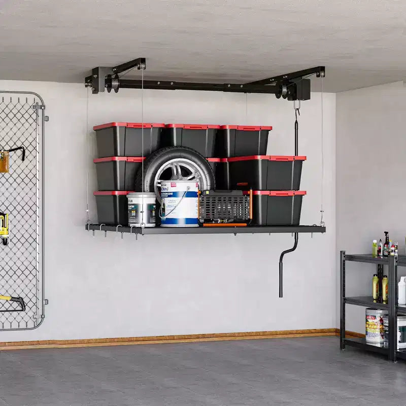 Scaffale regolabile per ripostiglio da garage per carichi pesanti, montato a soffitto con blocco di sicurezza, portata di 250 libbre per contenitori, attrezzi, biciclette e garage