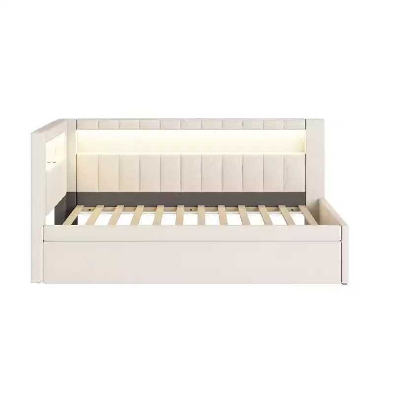 Daybed in Twin-/Full-Größe mit Ausziehbett und L-förmigem Bücherregal-Kopfteil, weiches Eckbett mit Leinenpolsterung, Ablagefächern und LED-Band