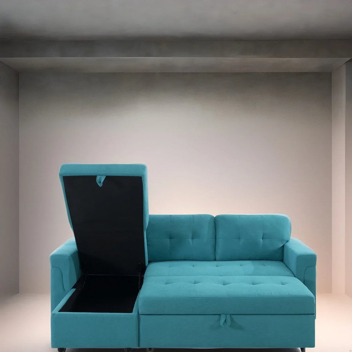 Divano componibile reversibile trasformabile con letto estraibile, chaise longue con contenitore nascosto e gambe resistenti