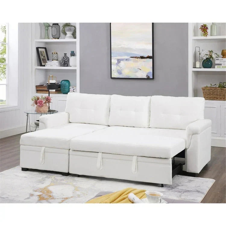 Divano componibile reversibile trasformabile con letto estraibile, chaise longue con contenitore nascosto e gambe resistenti