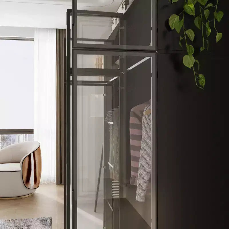 Hitow Pure Black Luxury Armoire with Tempered Glass Doors 3-Color LED Wardrobe Floor-to-Ceiling Bedroom Closet Organizer Dressing Room Closet