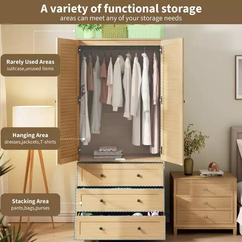 Armoire-penderie COZONY avec 3 tiroirs et 2 portes, meuble de rangement moderne en bois pour chambre, grande armoire blanche sur pied