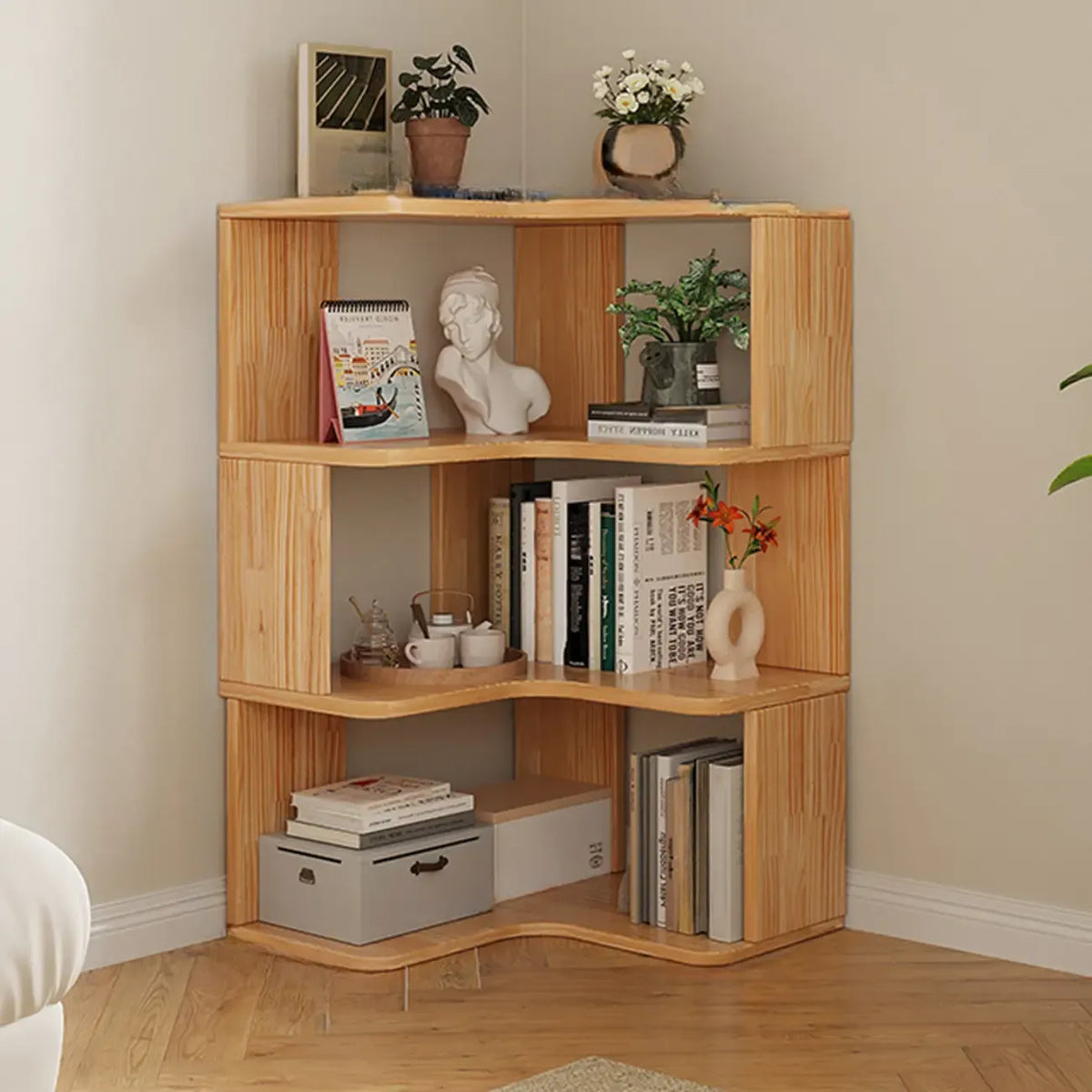 Bibliothèque verticale en bois en forme de L, finition naturelle, dos ouvert