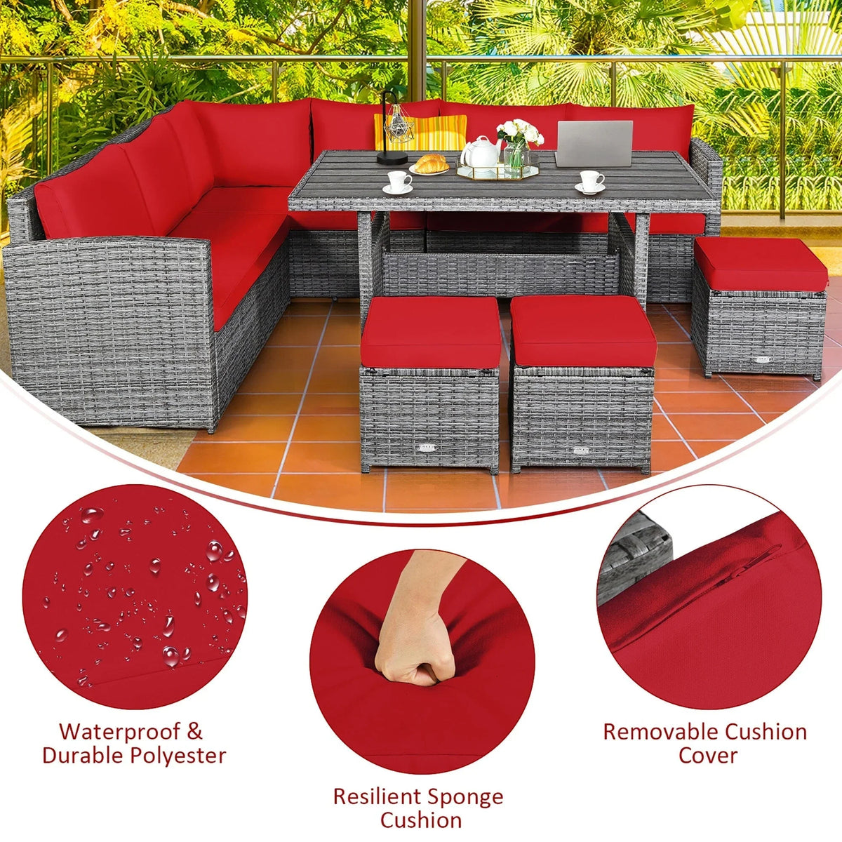 Costway 7-delige eethoek voor de patio van rotan, modulaire bank, fauteuil en voetenbank - Bekijk de details