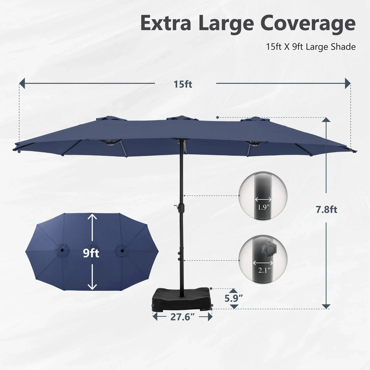 MAISON ARTS dubbele parasol voor terras, 15 ft, extra groot, tweepersoons, inclusief voet
