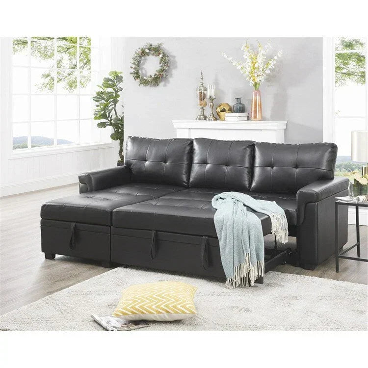 Divano componibile reversibile trasformabile con letto estraibile, chaise longue con contenitore nascosto e gambe resistenti
