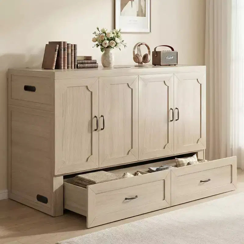 Mjkone Queen Size Convertible Murphy Cabinet Bed with Mattress, USB Charging, Storage Drawers