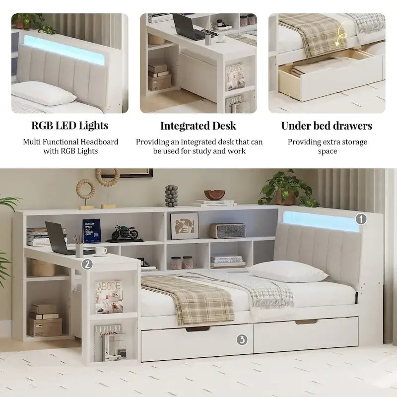 L-förmiges Holz-Sofa-Tagesbett mit Schreibtisch, Bücherregal-Schrank, Eckbett mit Schubladen unter dem Bett, gepolstertem Kopfteil und integrierter Beleuchtung