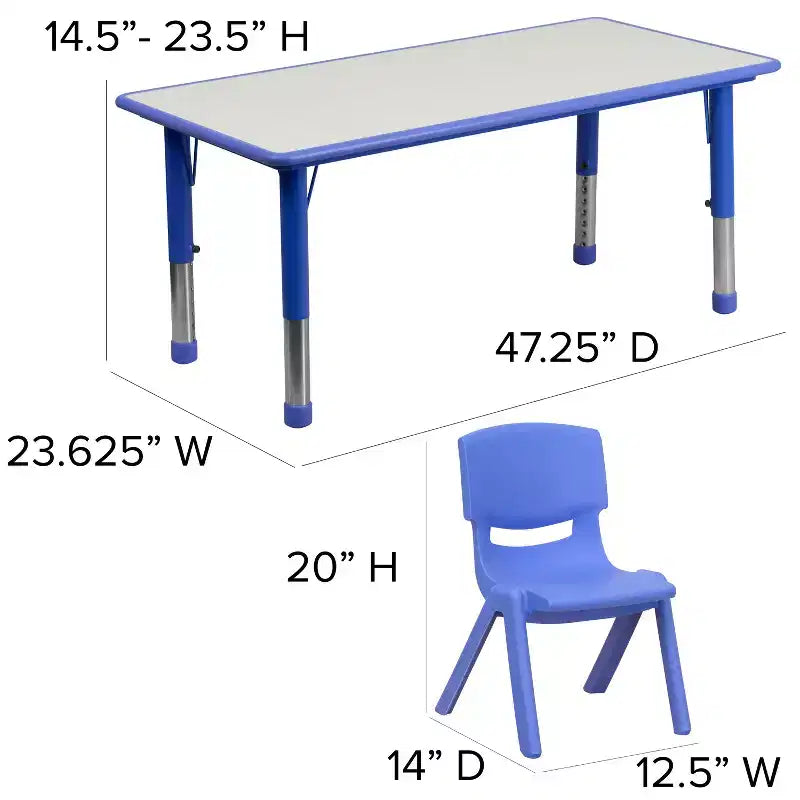 Emma and Oliver rechthoekige kunststof activiteitentafelset van 23,625W x 47,25L met verstelbare hoogte en 6 stoelen