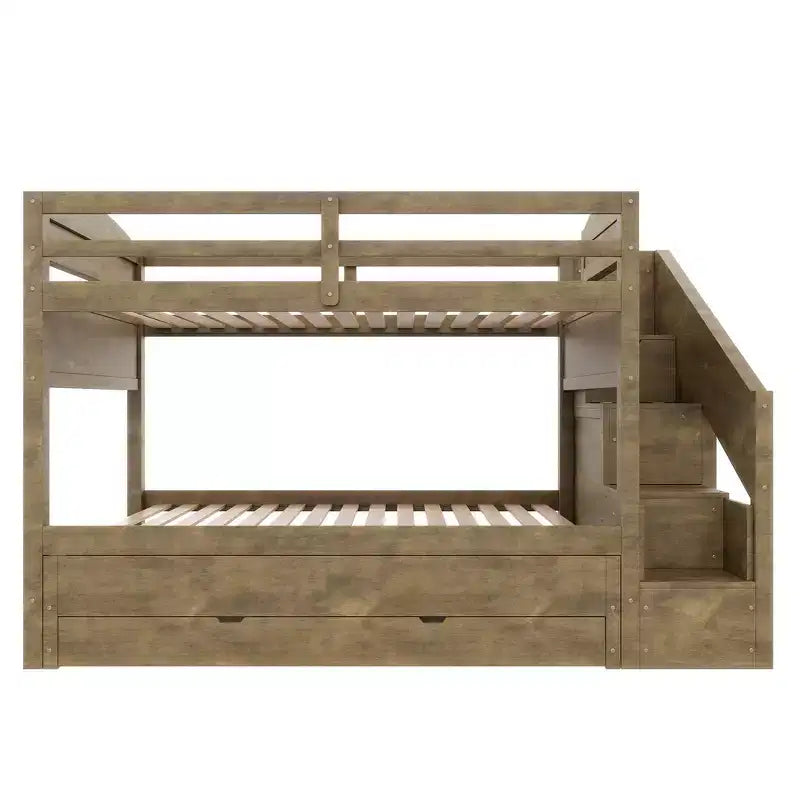 Whisen Twin XL Bunk Bed Frame with Trundle, Bunk Bed with Storage, Bunk Bed with Solid Wood, Storage Staircase, Wardrobe, 3Drawer, for Kids