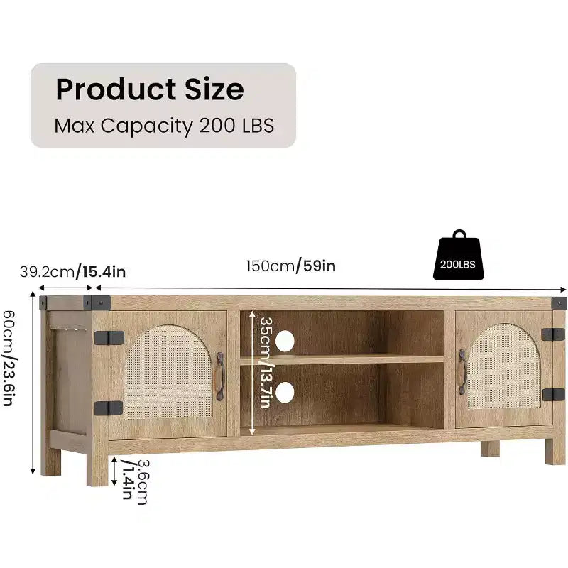 165 cm breiter TV-Schrank im Boho-Stil mit Flechttür – Unterhaltungsschrank aus Holz mit zwei Schränken und verstellbaren Einlegeböden, geeignet für Wohnzimmer