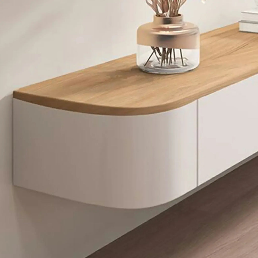 Meuble TV suspendu contemporain, long et blanc, en bois, avec tiroirs