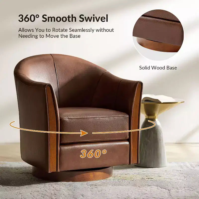 Juego de 2 sillones giratorios tipo barril Pocono de cuero genuino, de estilo transicional, con base de madera maciza, Artful Living Design