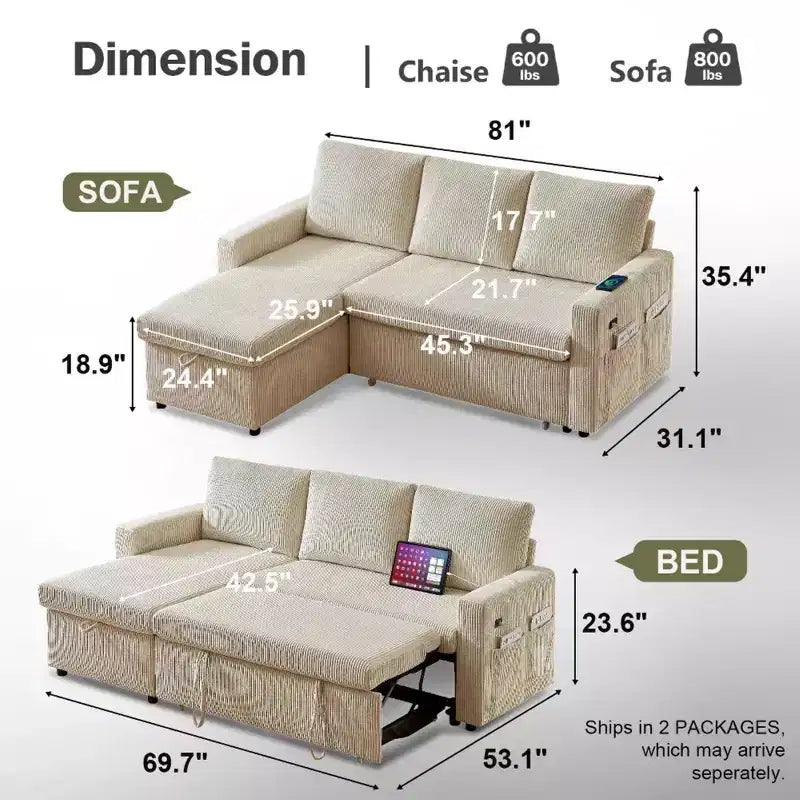 Dyonery 2-in-1-Schlafsofa zum Ausziehen mit Stauraum und Récamiere, Cord-Ecksofa mit USB-Anschlüssen für das Wohnzimmer
