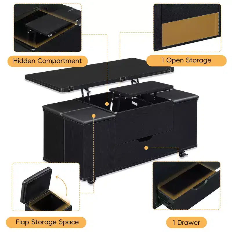 Table basse moderne multifonctionnelle relevable avec rangement dissimulé, 4 tabourets et roulettes, idéale pour les espaces de vie modernes