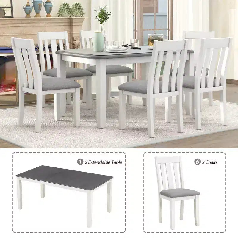 Farmhouse Extendable Dining Table Set for 6, Rectangular Table and 6 Upholstered Chairs