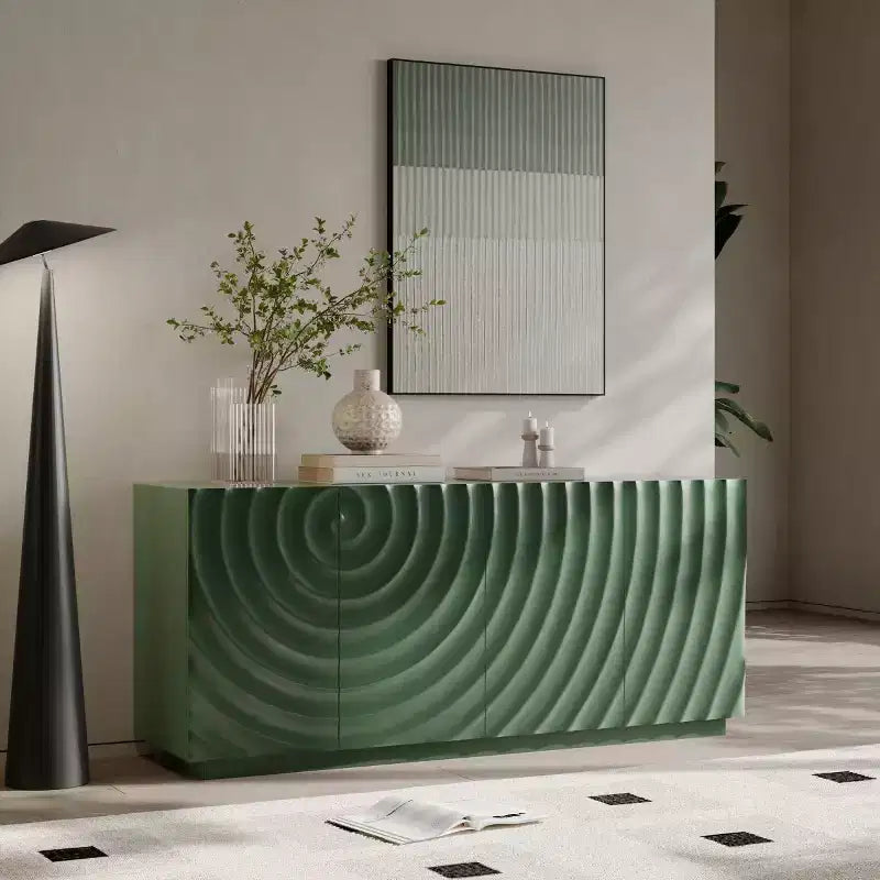 59 Modern Spiral Sideboard Buffet Cabinet, Low Profile Art Entryway Storage Cabinet with 3D Ripple Texture Doors