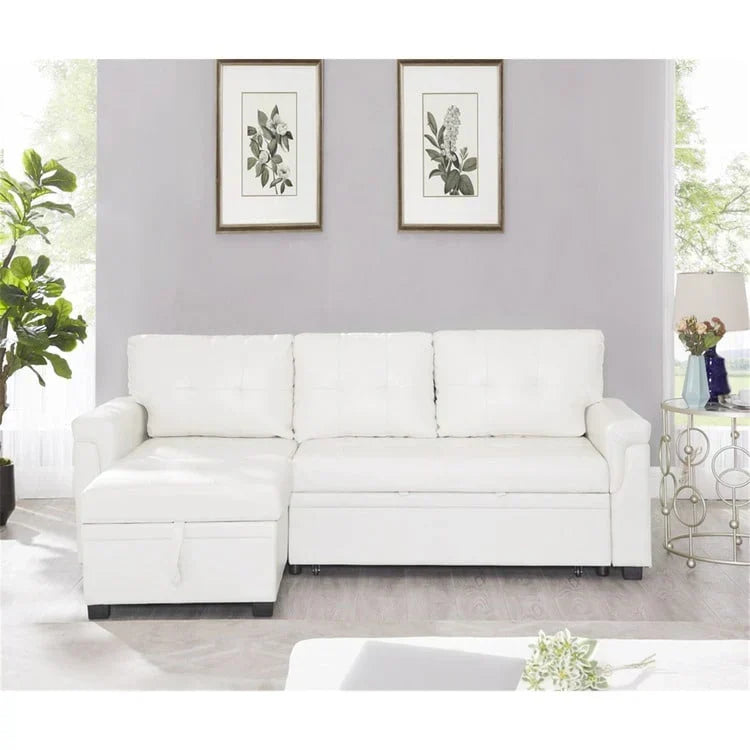 Divano componibile reversibile trasformabile con letto estraibile, chaise longue con contenitore nascosto e gambe resistenti