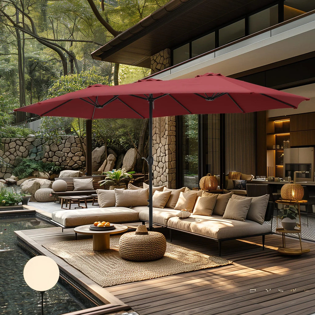 MAISON ARTS dubbele parasol voor terras, 15 ft, extra groot, tweepersoons, inclusief voet