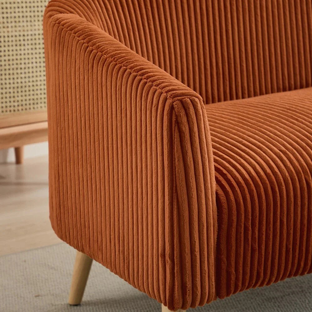 2-zitsbank met bekleding van corduroy en houten poten in walnootkleur