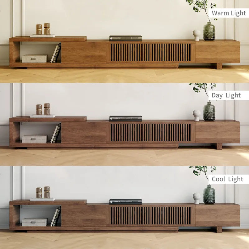 Meuble TV moderne rétractable et extensible avec 4 tiroirs, jusqu’à 103 pouces – 78.54P x 15.74L x 13.78H