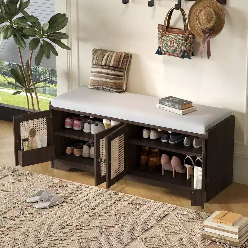 Whisen Rustic Wood Storage Bench, Entryway Shoe Bench with Removable Cushion, Adjustable Shelves