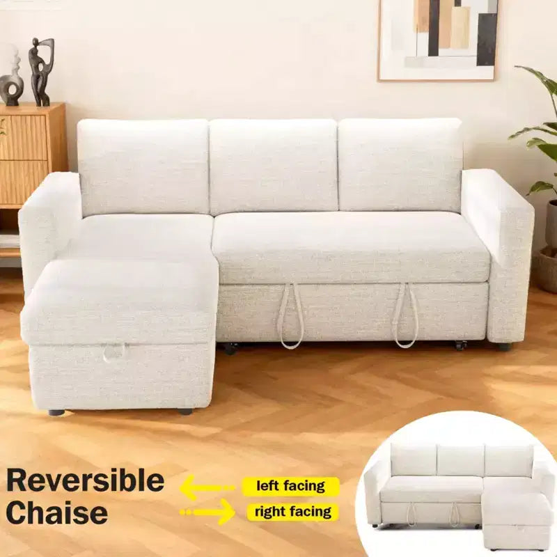 2-in-1-Ausziehsofa mit Stauraum und Ottomane, Chenille-Ecksofa mit USB-Anschlüssen für das Wohnzimmer