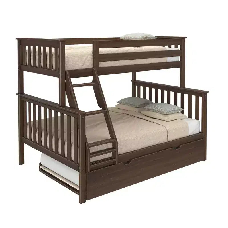 Letto a castello Max & Lily in legno massello, singolo sopra matrimoniale con letto estraibile contenitore e scaletta per bambini