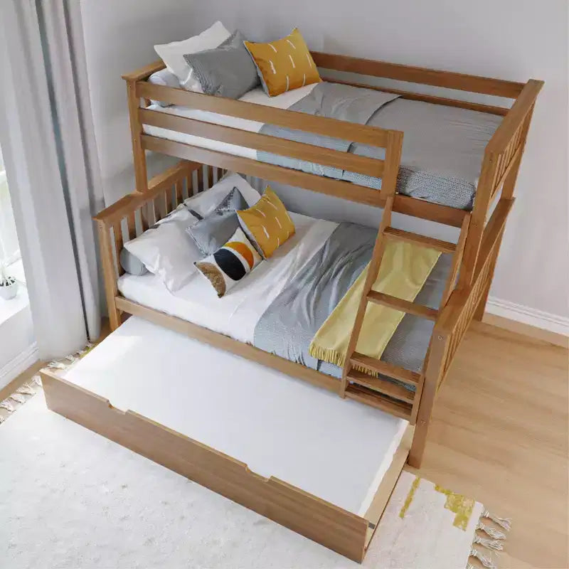 Letto a castello Max & Lily in legno massello, singolo sopra matrimoniale con letto estraibile contenitore e scaletta per bambini