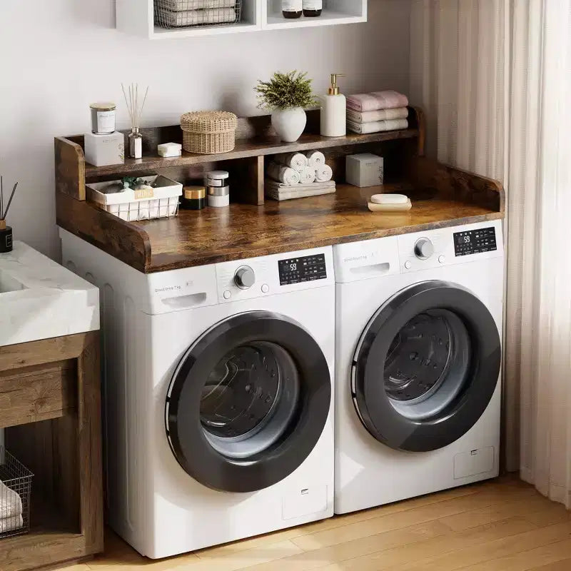 Houten opzetblad voor wasmachine en droger, 54 inch aanrechtblad voor de wasruimte met opbergplank met 2 niveaus, antislip werkoppervlak met opstaande randen voor een georganiseerde wasruimte