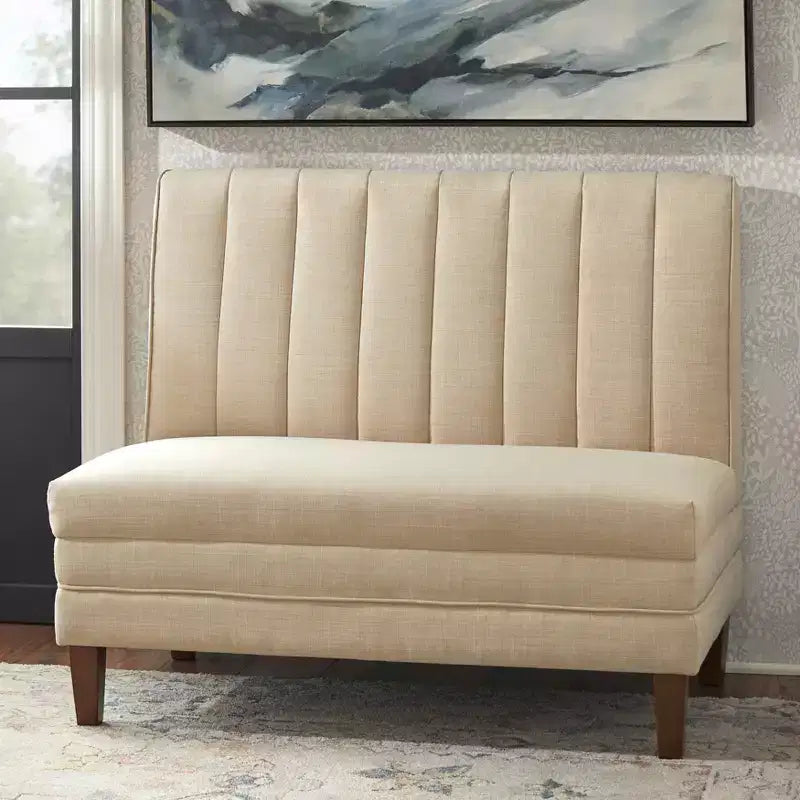 Lifestorey 4-teiliges Kerrington-Bankett-Esszimmer-Set mit Kanalsteppung, Walnuss/Creme: leinenähnlicher Stoff, Säulentisch