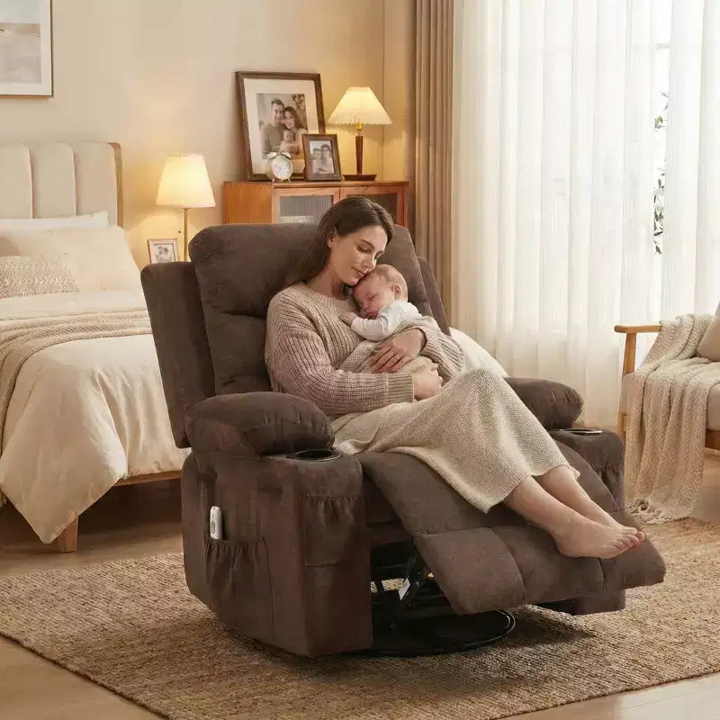 Sillón reclinable mecedor giratorio de 360° extragrande con masaje y calor: silla ergonómica de descanso con portavasos y bolsillos laterales para la sala de estar o el dormitorio infantil