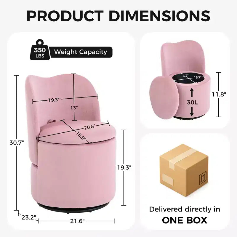 Swivel Vanity Chair with Storage, Upholstered Round Makeup Stool with Back, Soft Padded Barrel Accent Armchair for Bedroom & Living Room