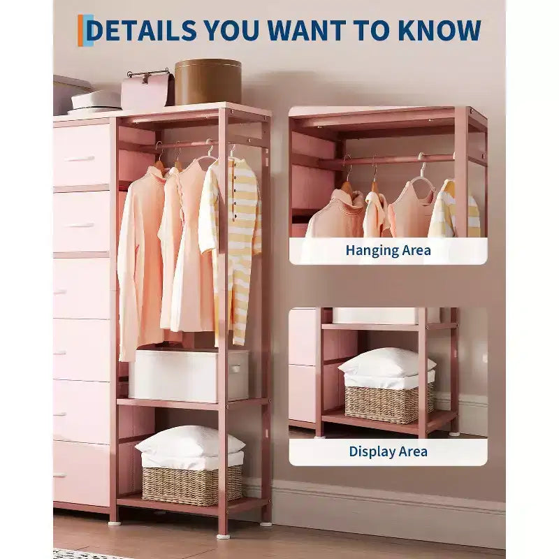 Dresser with 16 Drawers & Hanging Rod & Shelves, Fabric Storage Organizer for Bedroom, Closet, or Entryway