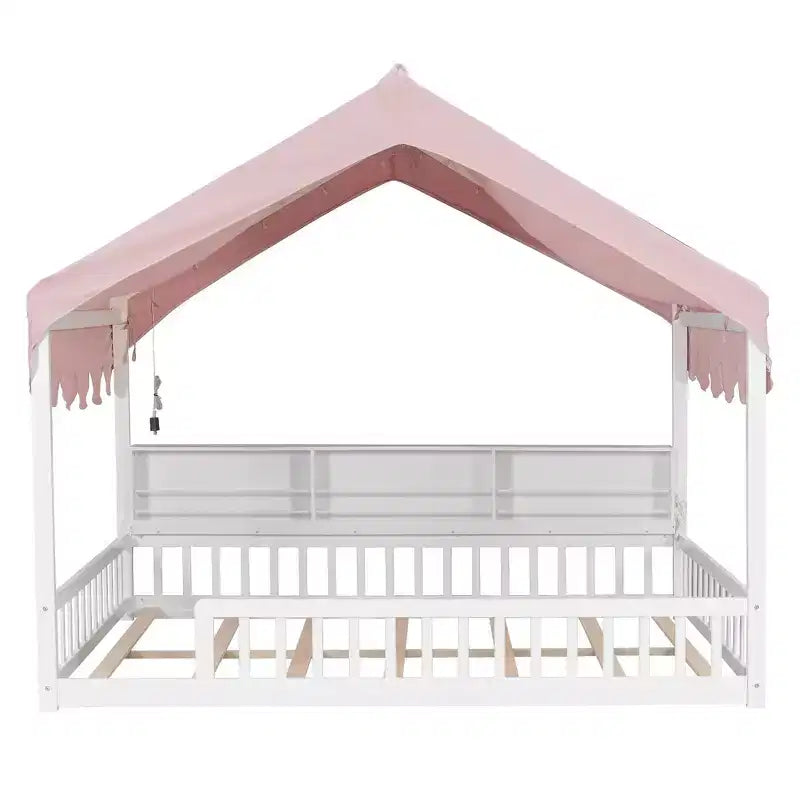 Whisen Full Size Wooden Floor Bed Frame, House-Shaped Daybed with Fense, 3 Storage Bookshelves, Curtain