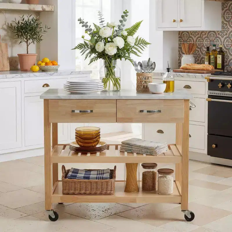 Carrello da cucina con ruote e piano in marmo, isola da cucina in legno massello con 2 cassetti, carrello da cucina a 3 ripiani con ruote rimovibili bloccabili e portasalviette