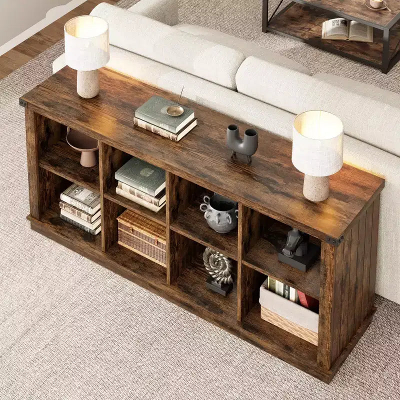 8 Cube Storage Organizer Bookshelf, Farmhouse Horizontal Bookcase, 62 Inch Wood Storage Bookcase for Entryway, Long Low Bookshelves for Living Room