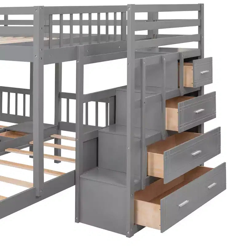 Whisen Full Over Twin & Twin Bunk Bed, Wood Triple Bunk Bed with Drawers and Guardrails