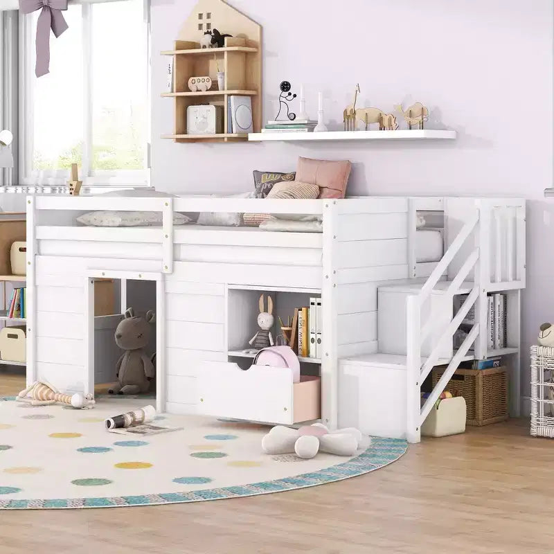 Okak Solid Wood Twin Loft Bed with Stairs & Storage,Low Profile Bunk Beds Twin with Drawers & Shelves,Multi-Functional Loft Beds for Kids,Teens