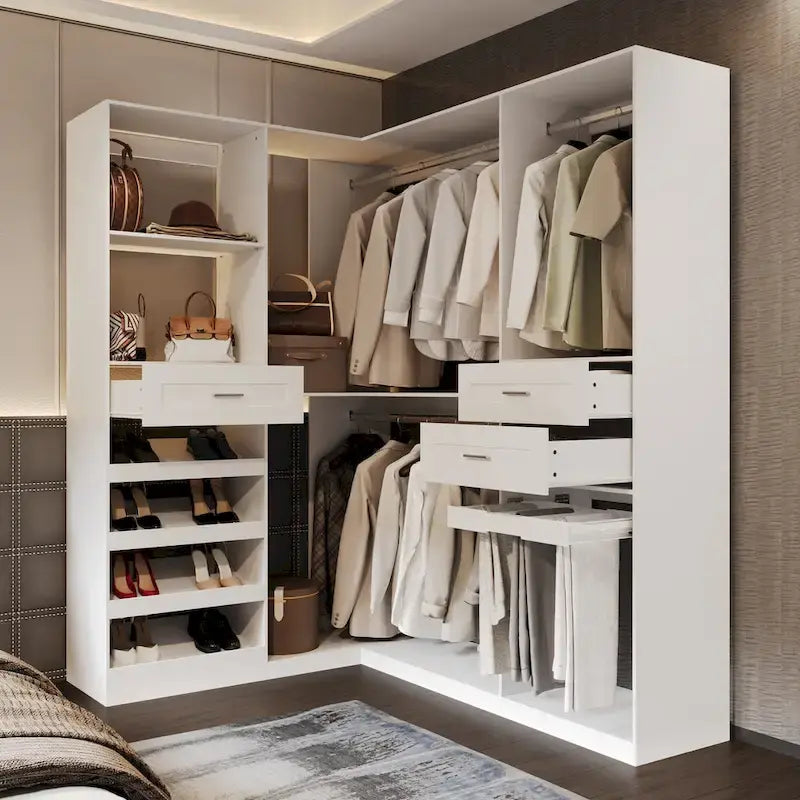 Penderie d'angle avec 2 tringles, porte-pantalons et organisateur de rangement pour chaussures