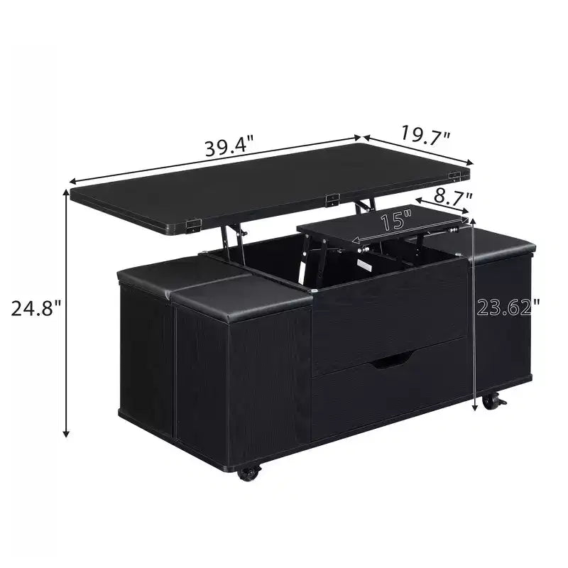 Table basse moderne multifonctionnelle relevable avec rangement dissimulé, 4 tabourets et roulettes, idéale pour les espaces de vie modernes
