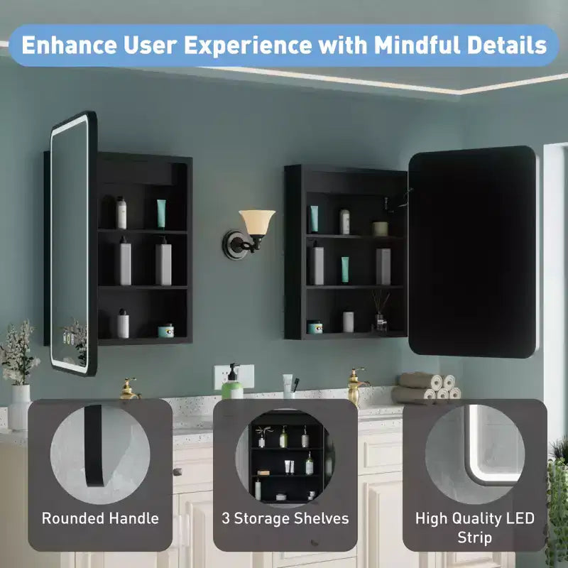 Schwarz/Weiß/Gold LED-Medizinschrank, eine Tür, Anschlag links oder rechts, zum Einbau oder zur Wandmontage